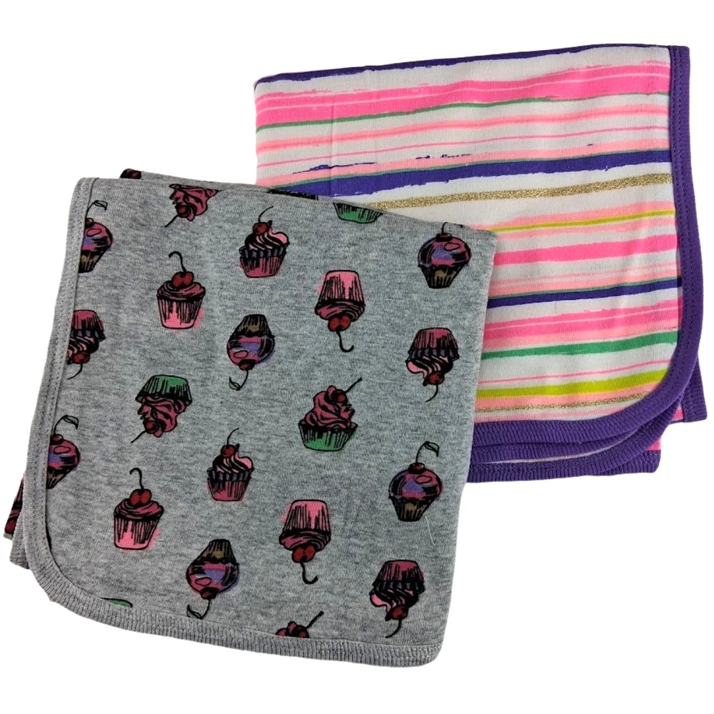 2 Rosie Pope Girl Cotton Receiving Blankets Lot Gray Cupcake Stripe Purple Pink
